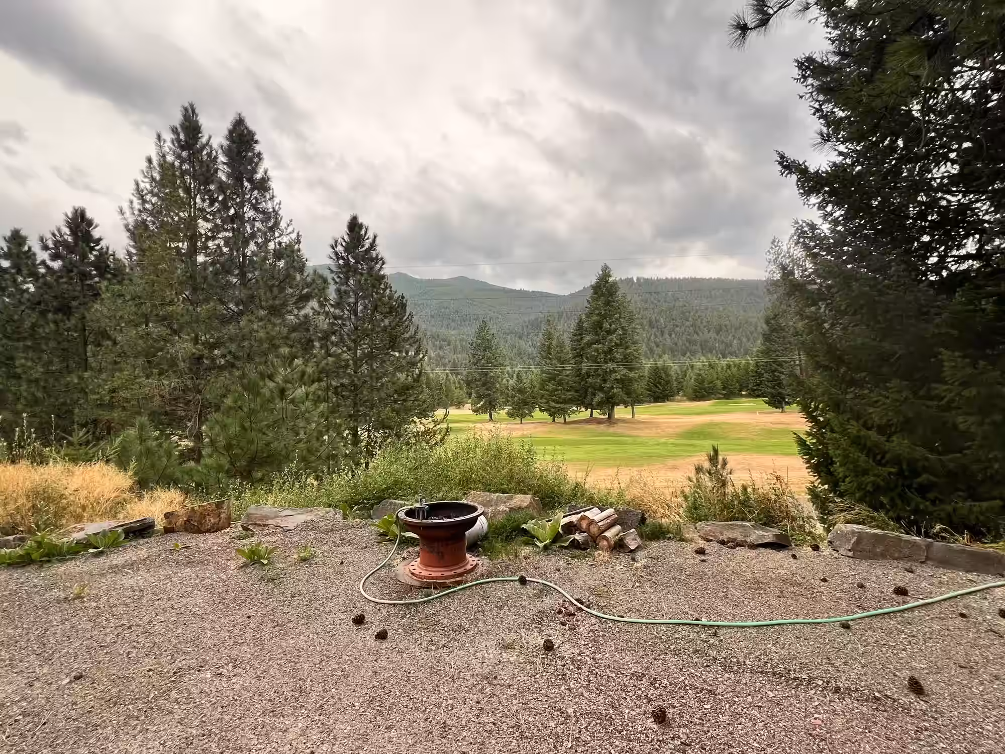 A gravel clearing edged with weathered rock, tall dry grass and low green brush opens onto a view over a mown golf fairway dotted with mature pines, with dense evergreen forest climbing low, rounded mountains beyond under a heavy overcast sky. A pale green garden hose lies across the gravel beside a small pile of split firewood and a rust-red cast-metal pedestal with a bowl- shaped top.